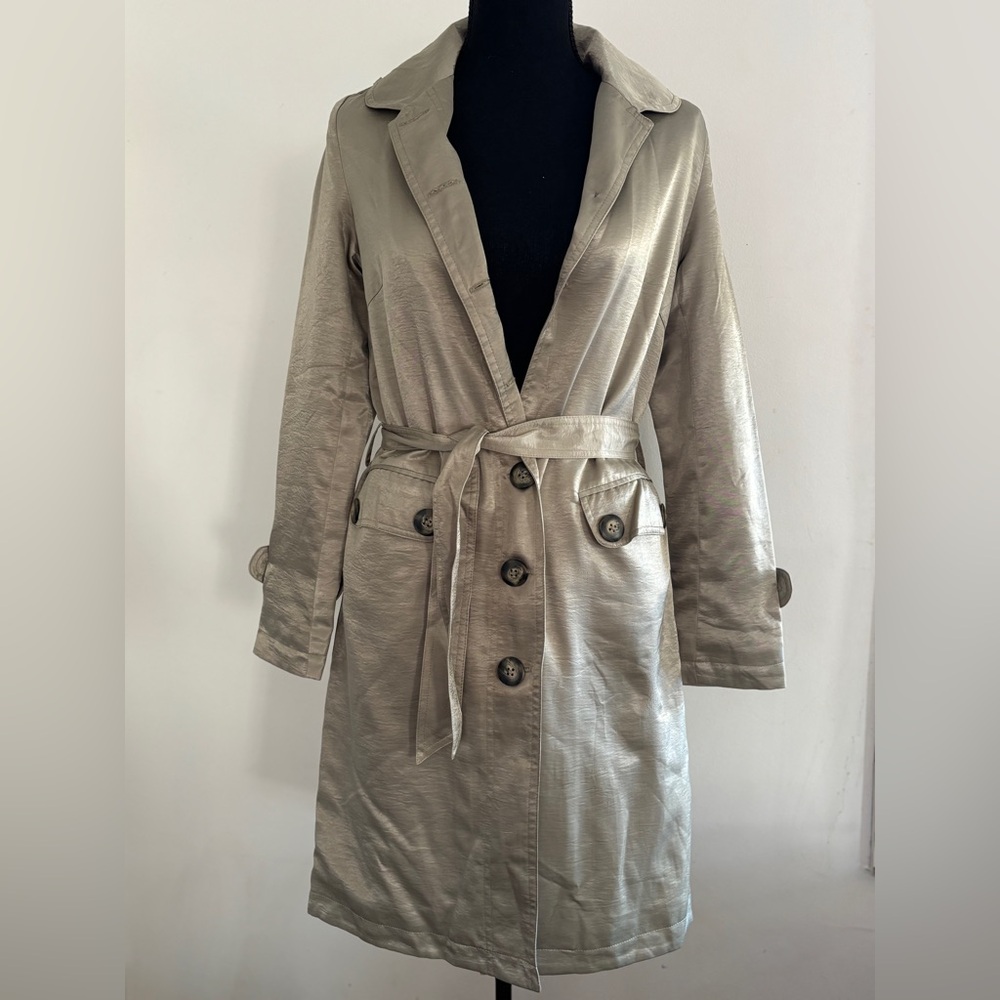 Vintage Italian made Silky Shiny Cotton Trench Coat w Belt light Stone US SZ 2 - Picture 1 of 7
